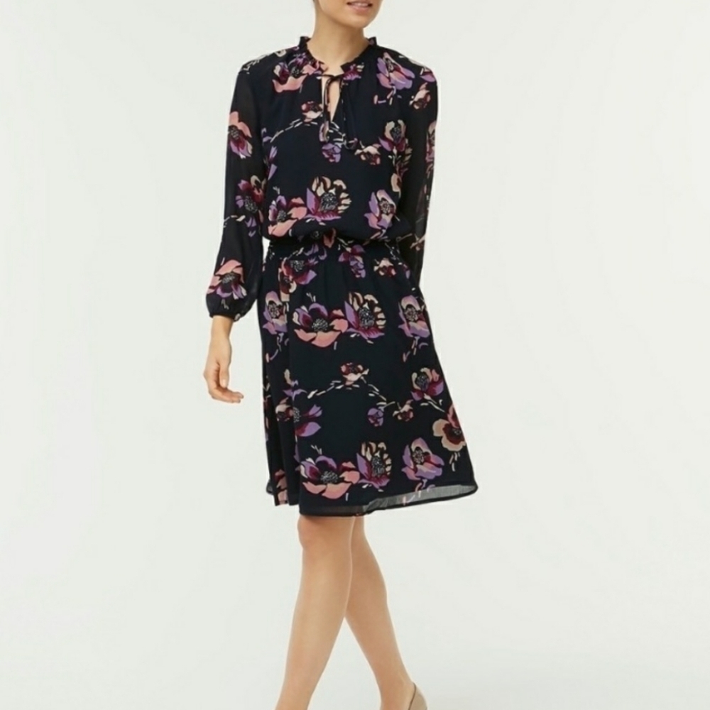 🔥J. Crew Women's Navy Floral Print Smocked-Waist Dress, Size M - Picture 1 of 6